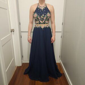 ⭐ELIZABETH K HAND-BEADED ILLUSION MIDRIFF FORMAL DRESS in Navy, size S⭐